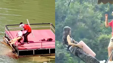 美女蹦极绳子断了